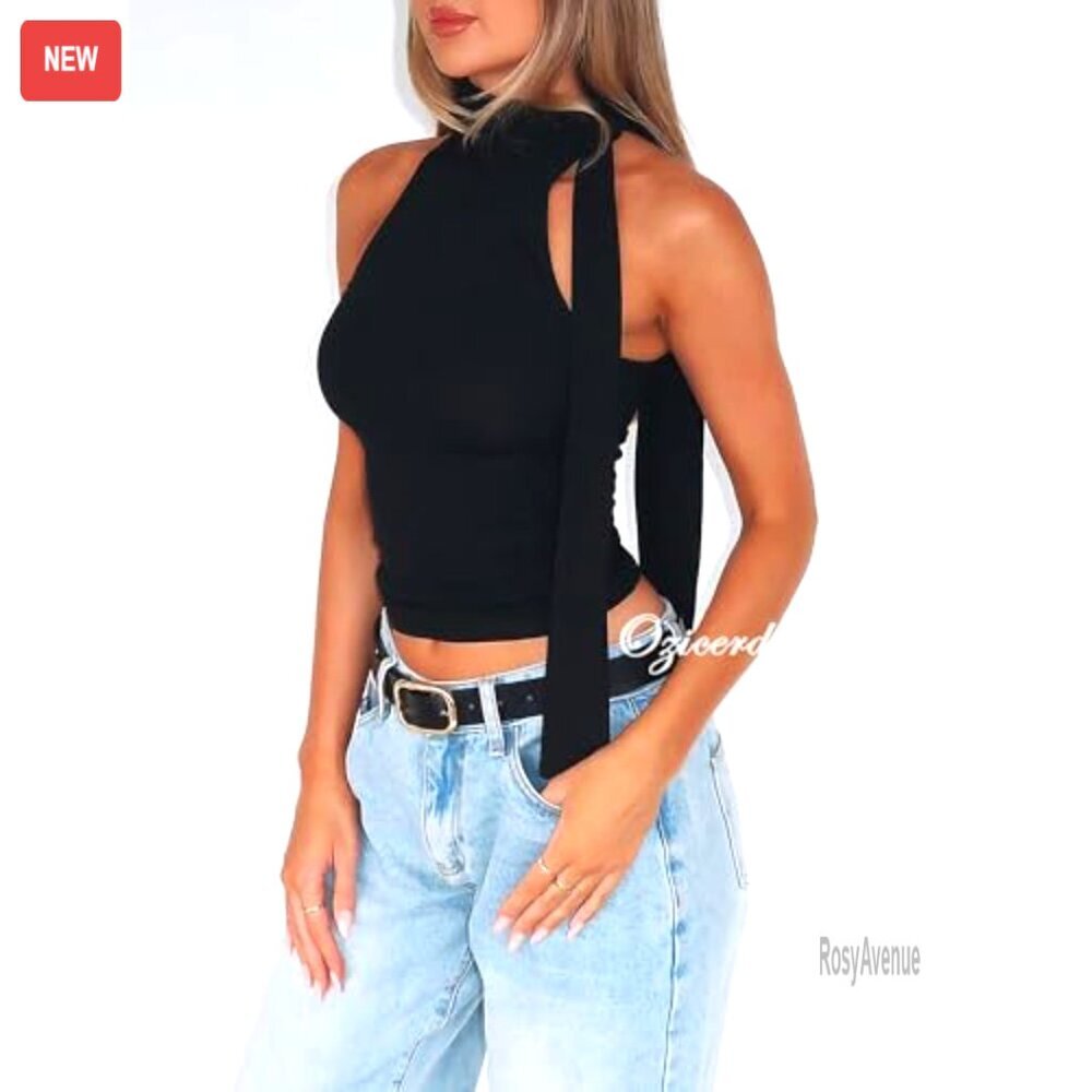 Off Shoulder Halter Mock Neck Sleeveless Crop Tank Top with Scarf - Picture 2 of 7